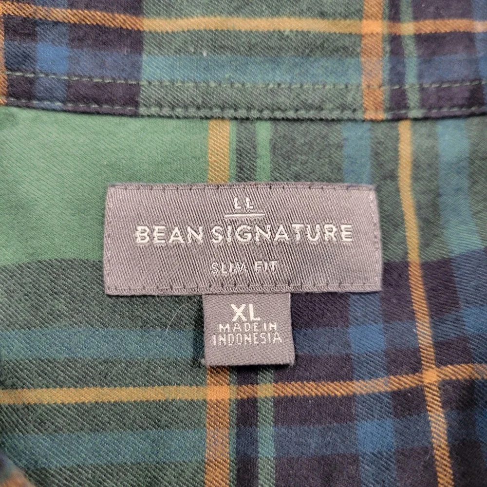 LL Bean Signature slim‎ fit green plaid flannel shirt size XL